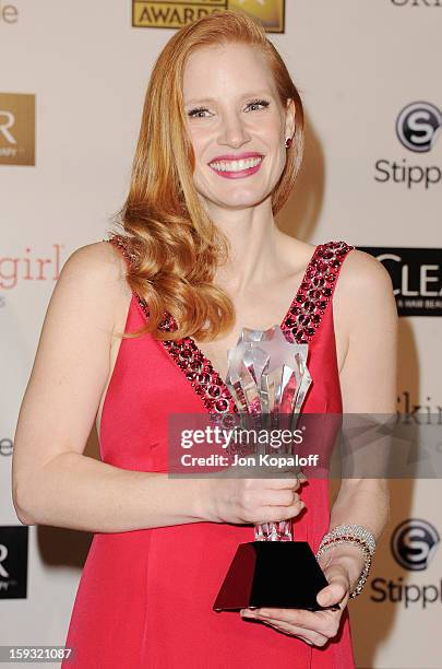 Actress Jessica Chastain poses in the press room at the 18th Annual Critics' Choice Movie Awards at Barker Hangar on January 10, 2013 in Santa...