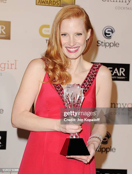 Actress Jessica Chastain poses in the press room at the 18th Annual Critics' Choice Movie Awards at Barker Hangar on January 10, 2013 in Santa...