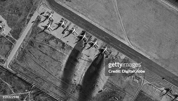 This image from December 19, 2012 shows jet blasts that melted the snow behind many of the bombers, giving an indication of flight operations at...