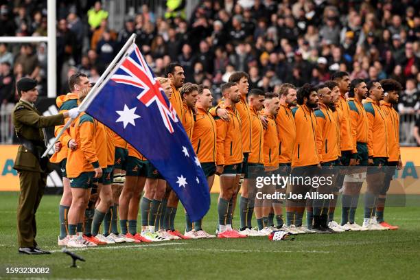 Australia sing the national anthem during The Rugby Championship & Bledisloe Cup match between the New Zealand All Blacks and the Australia Wallabies...