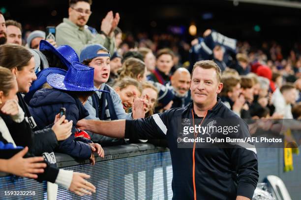 Michael Voss, Senior Coach of the Blues celebrates during the 2023 AFL Round 22 match between the Carlton Blues and the Melbourne Demons at Melbourne...