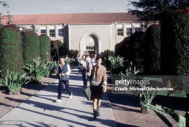 Actress and TV personality Allegra Curtis leaves University High School in January 1982 in Los Angeles, California.