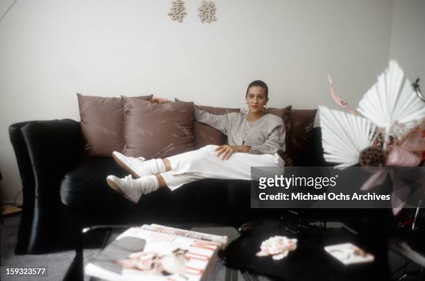 Actress and TV personality Allegra Curtis poses for a portrait at home in 1988 in Los Angeles, California.