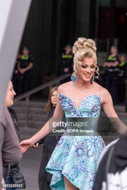 Drag queen poses for photos during a Melbourne Drag Expo at the Melbourne Convention Center. Protesters and counter protesters clash with divergent...