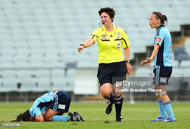 Referee, Kate Jacewicz points to the spot for a Wanderers penalty during the round 12 W-League match between the Western Sydney Wanderers and Sydney...