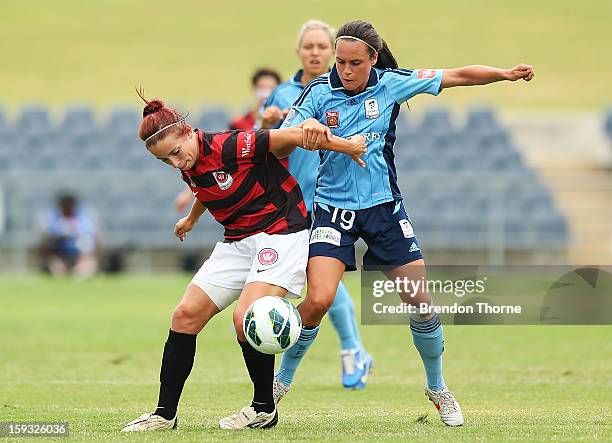 Samantha Spackman of the Wanderers competes with Emma Kete of Sydney during the round 12 W-League match between the Western Sydney Wanderers and...