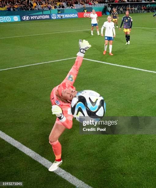 Leicy Santos of Colombia scores their first goal past England's Mary Earps during the FIFA Women's World Cup Australia & New Zealand 2023 Quarter...