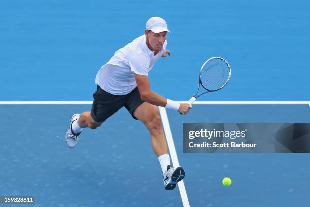 Tomas Berdych of Czech Republic plays a backhand during his match against Marcos Baghdatis of Cyprus during day four of the AAMI Classic at Kooyong...