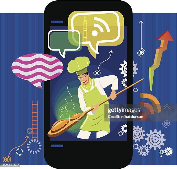 chef and phone application - eating bread stock illustrations