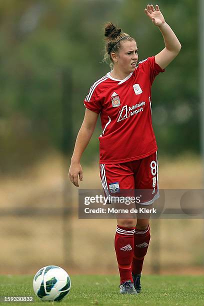Sarah McLaughlin of Adelaide prepares to take a free kick during the round 12 W-League match between Adelaide United and the Perth Glory at Burton...