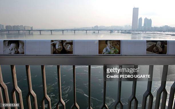 This photo taken on January 11, 2013 shows pictures of children placed by the government to dissuade potential suicides along the railing at Mapo...
