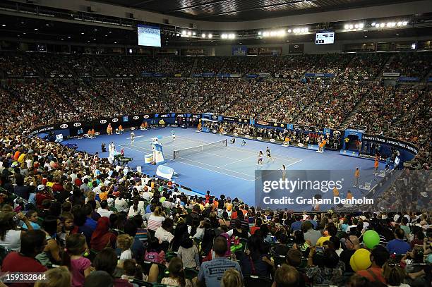 Large crowd packs into Rod Laver Arena to see Victoria Azarenka, Jo-Wilfried Tsonga, Roger Federer, Novak Djokovic, Serena Williams and Ana Ivanovic...