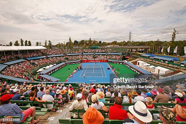 General view as Lleyton Hewitt of Australia plays against Juan Martín del Potro of Argentina during day four of the AAMI Classic at Kooyong on...