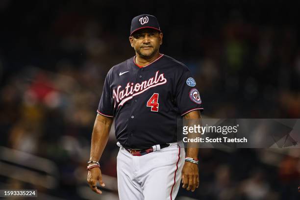 Manager Dave Martinez of the Washington Nationals looks on during the sixth inning of the game against the Milwaukee Brewers at Nationals Park on...