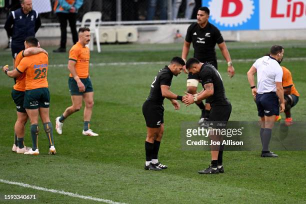 Richie Mo'unga and Ardie Savea of New Zealand celebrate after winning The Rugby Championship & Bledisloe Cup match between the New Zealand All Blacks...