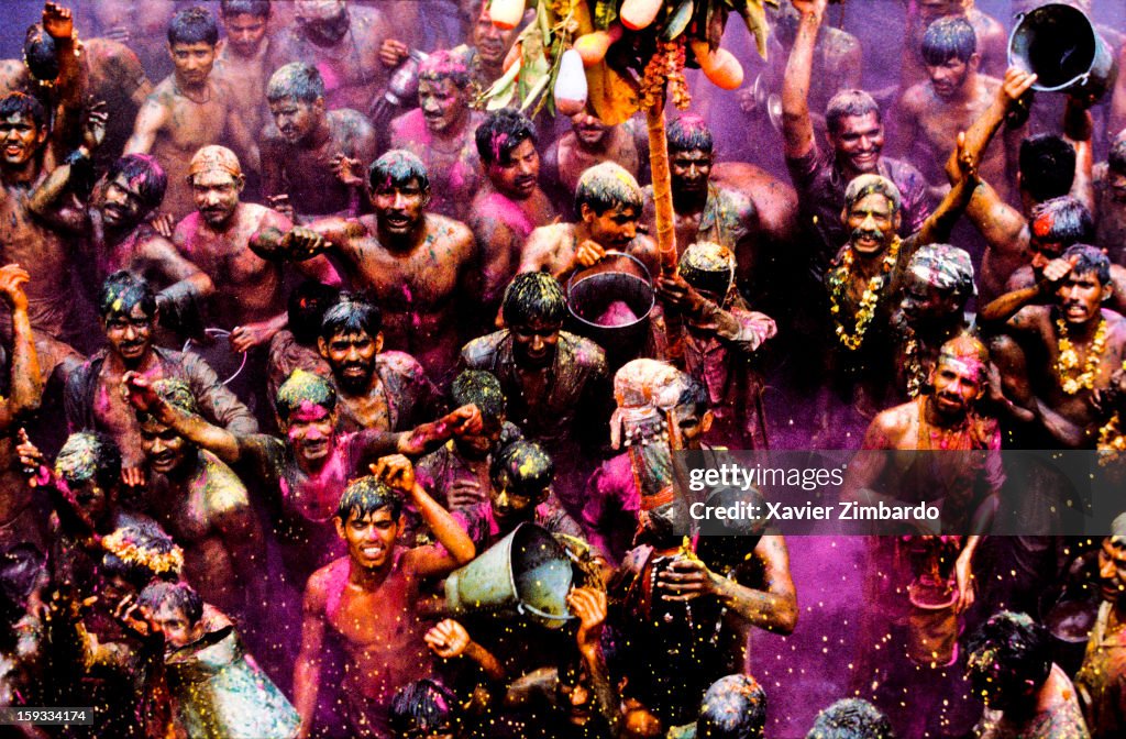 Spring in India, Cheerful Men Shouting Among Crowds Of Pilgrims Celebrating Holi, Festival Of Colours And Love