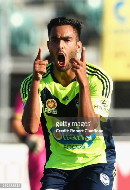 Marcos Flores of the Victory celebrates after he scored during the round 16 A-League match between the Melbourne Victory and the Central Coast...