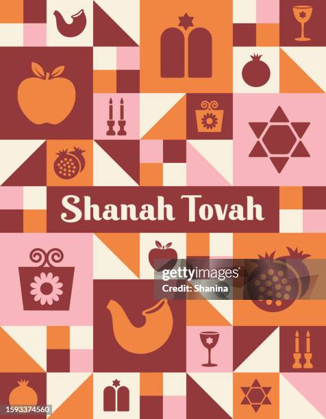 rosh hashanah geometric greeting card - v3 - jewish mosaic stock illustrations