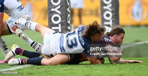 Patrick Carrigan of the Broncos scores a try during the round 23 NRL match between North Queensland Cowboys and Brisbane Broncos at Qld Country Bank...