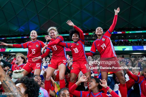 Rosario Vargas of Panama), Riley Tanner of Panama, Erika Hernandez of Panama and Lineth Cedeno of Panama celebrate with fans during a FIFA World Cup...