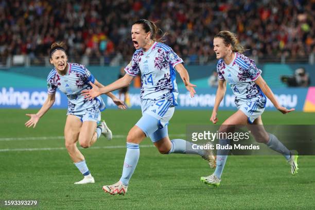 Laia Codina of Spain celebrates with teammates Esther Gonzalez and Irene Paredes after scoring her team's fourth goal during the FIFA Women's World...