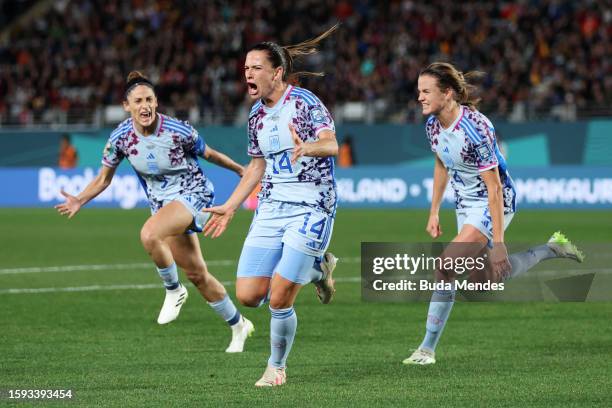 Laia Codina of Spain celebrates with teammates Esther Gonzalez and Irene Paredes after scoring her team's fourth goal during the FIFA Women's World...