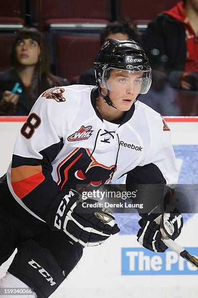 Jake Virtanen of the Calgary Hitmen skates on the ice against the Vancouver Giants in WHL action on October 2012 at Pacific Coliseum in Vancouver,...