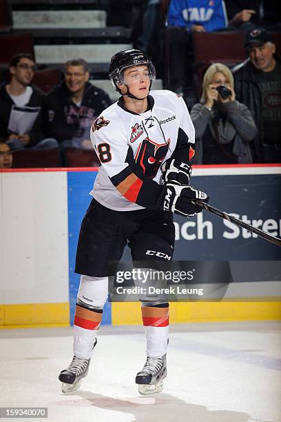 Jake Virtanen of the Calgary Hitmen skates on the ice against the Vancouver Giants in WHL action on October 2012 at Pacific Coliseum in Vancouver,...
