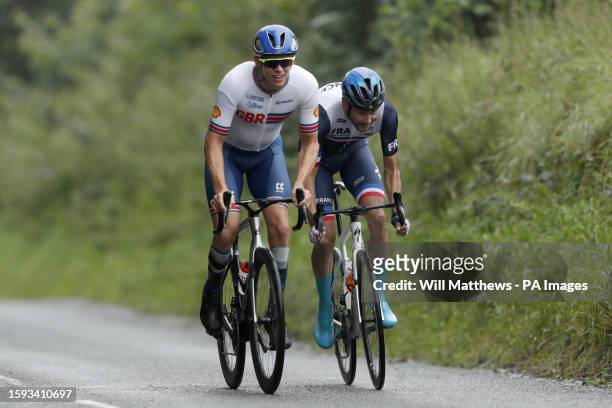Great Britain's Benjamin Watson and France's Thomas Dartet in action in the Men's C3 Road Race during day nine of the 2023 UCI Cycling World...
