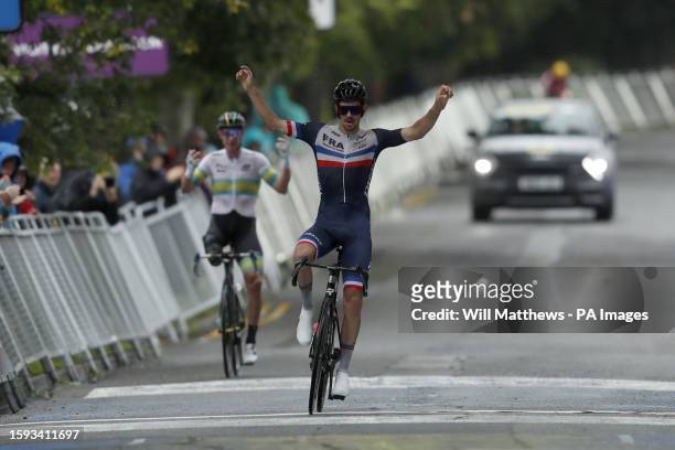 France's Alexandre Leaute celebrates after winning in the Men's C2 Road Race during day nine of the 2023 UCI Cycling World Championships in Dumfries,...