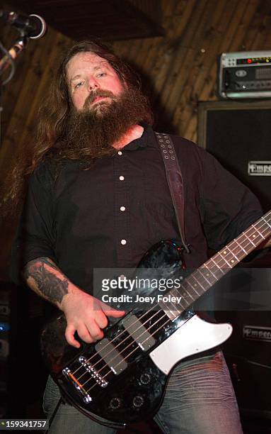 Bassist Jason McCash of The Gates Of Slumber performs at Indy's Jukebox on January 11, 2013 in Indianapolis, Indiana.