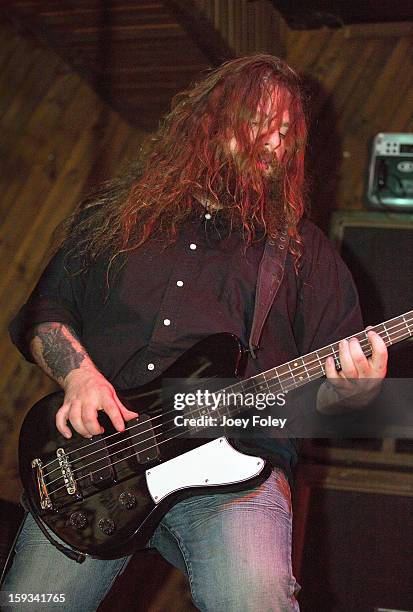 Bassist Jason McCash of The Gates Of Slumber performs at Indy's Jukebox on January 11, 2013 in Indianapolis, Indiana.