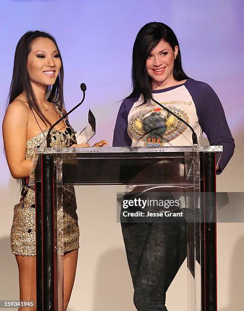 Asa Akira and Andy San Dimas attend the 2013 XBIZ Awards at the Hyatt Regency Century Plaza on January 11, 2013 in Los Angeles, California.