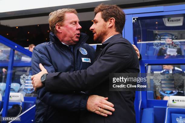 Harry Redknapp the Queens Park Rangers manager and Andre Villas-Boas the Tottenham Hotspur manager exchange greetings before the start of the...
