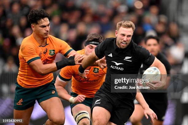 Braydon Ennor of New Zealand charges away from Jordan Petaia of Australia during The Rugby Championship & Bledisloe Cup match between the New Zealand...