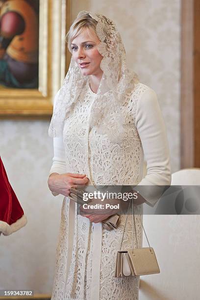 Princess Charlene of Monaco meets Pope Benedict XVI during a private audience at Vatican on January 12, 2013 in Vatican City, Vatican.