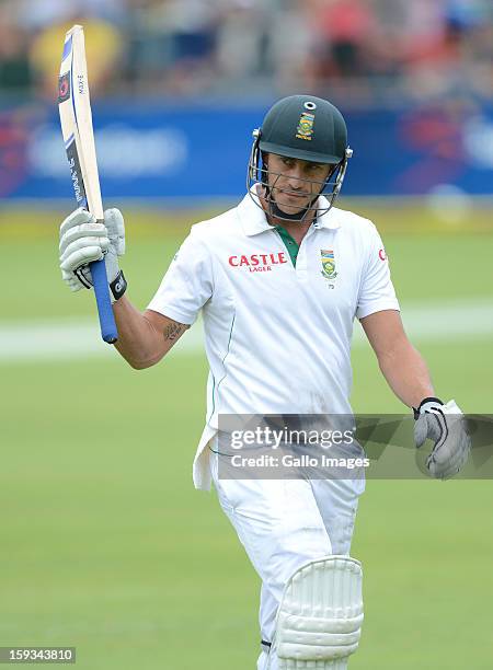 Faf du Plessis of South Africa walks off for 137 runs during day 2 of the 2nd Test match between South Africa and New Zealand at Axxess St Georges on...