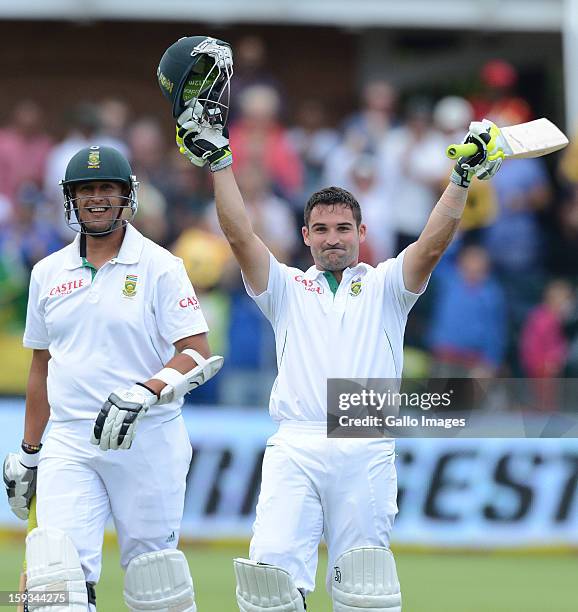 Dean Elgar of South Africa celebrates his maiden century during day 2 of the 2nd Test match between South Africa and New Zealand at Axxess St Georges...