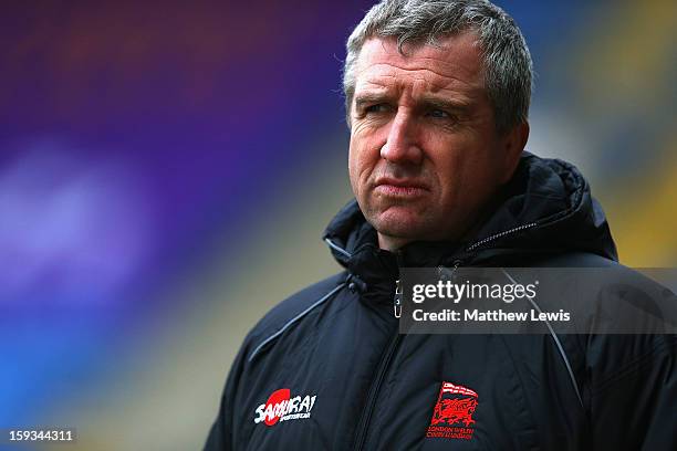 Lyn Jones, Head Coach of London Welsh looks on during the Amlin Challenge Cup match between London Welsh and I Cavalieri Prato at Kassam Stadium on...