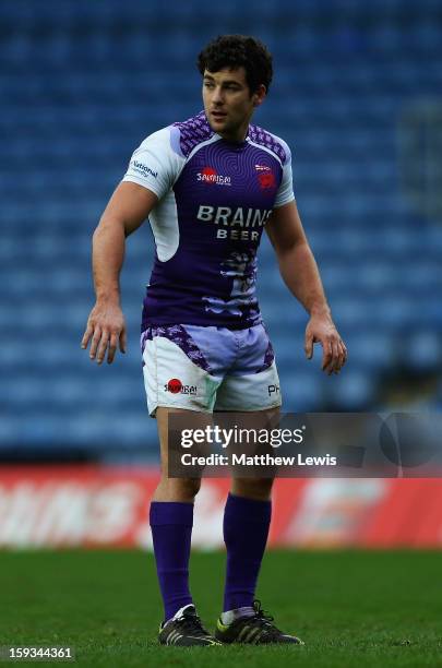 Ryan Davis of London Welsh in action during the Amlin Challenge Cup match between London Welsh and I Cavalieri Prato at Kassam Stadium on January 12,...