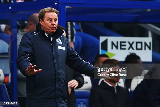 Harry Redknapp the Queens Park Rangers manager gives instructions from the touchline during the Barclays Premier League match between Queens Park...