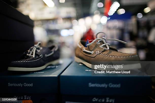 Deck shoes on sale at the 2013 London Boat Show, held at the eXcel centre, on January 12, 2013 in London, England. Until the 20th of January the...