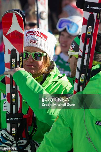 Alice Mckennis of the USA in the finish area of the Kandahar course after competing in the Audi FIS Alpine Ski World Cup downhill race on January 12,...