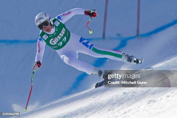 Daniela Merighetti of Italy races down the Kandahar course whilst competing in the Audi FIS Alpine Ski World Cup downhill race on January 12, 2013 in...