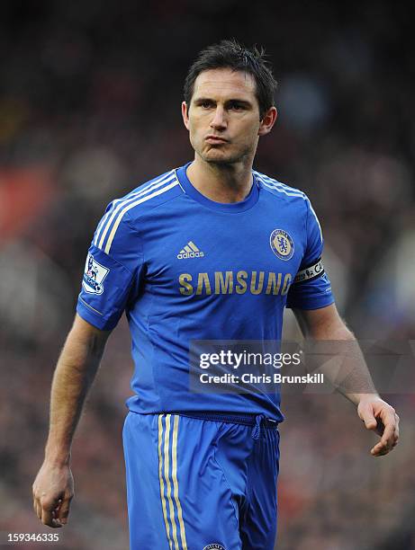 Frank Lampard of Chelsea looks on during the Barclays Premier League match between Stoke City and Chelsea at the Britannia Stadium on January 12 in...