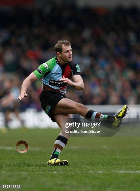 Nick Evans of Quins kicks a conversion during the Heineken Cup match between Harlequins and Connacht Rugby at Twickenham Stoop on January 12, 2013 in...