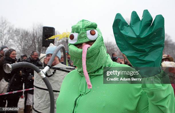 An ice swimming enthusiast dressed as a frog heads to the cold waters of Orankesee lake during the 'Winter Swimming in Berlin' event on January 12,...