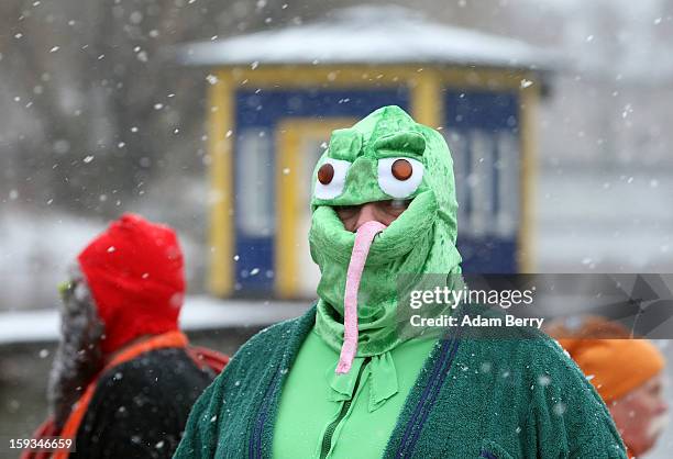 An ice swimming enthusiast dressed as a frog prepares to enter the cold waters of Orankesee lake during the 'Winter Swimming in Berlin' event on...