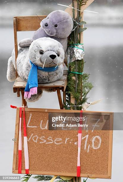 Sign displaying air and water temperatures hangs next to the cold waters of Orankesee lake during the 'Winter Swimming in Berlin' event on January...