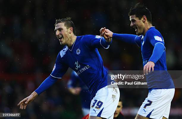 Chris Wood of Leicester City celebrates with team-mate Ben Marshall after scoring the third goal for Leicer City during the npower Championship match...